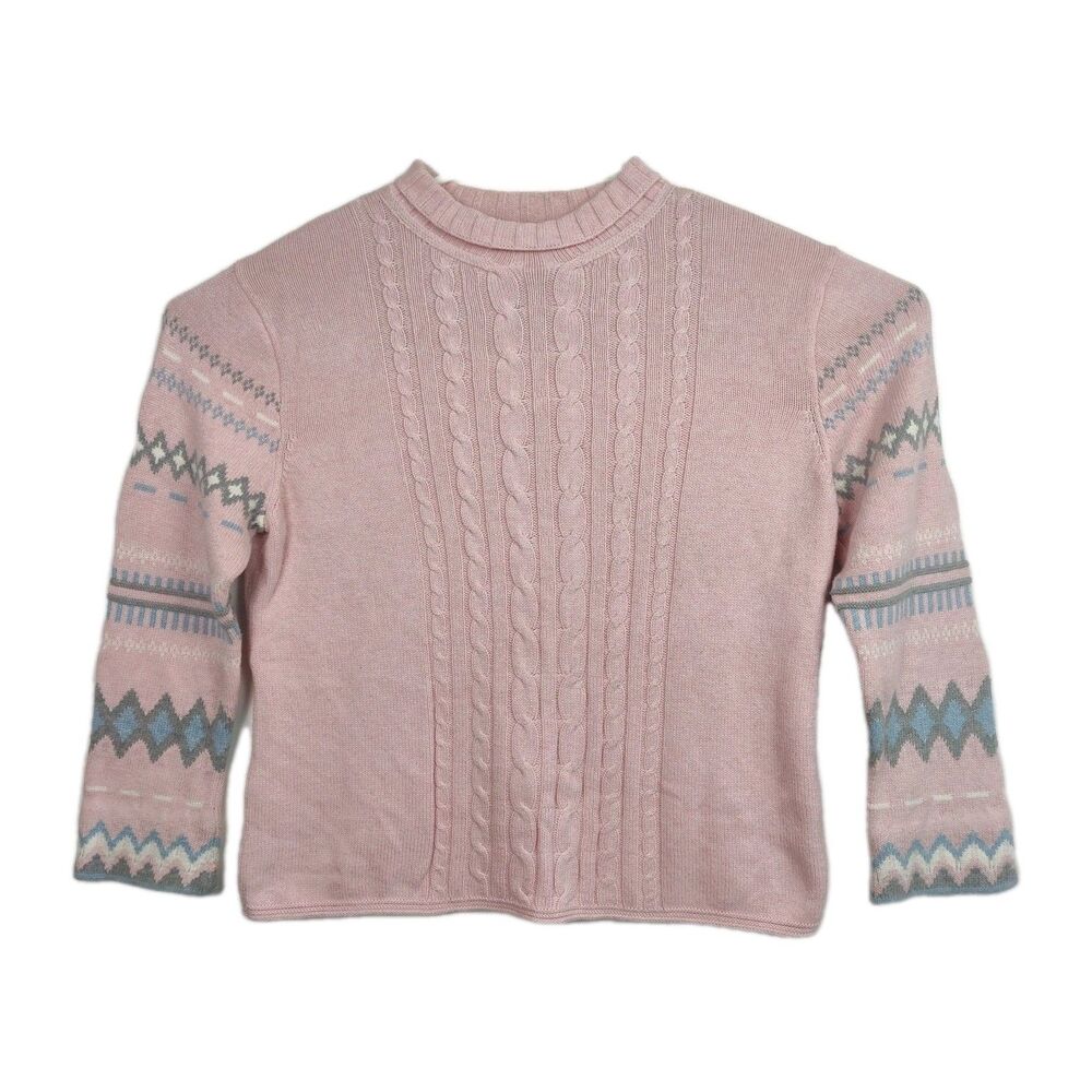Vintage Pendleton Fair Isle Cable Knit Mock Neck Pullover Sweater, XL,‎ Pink